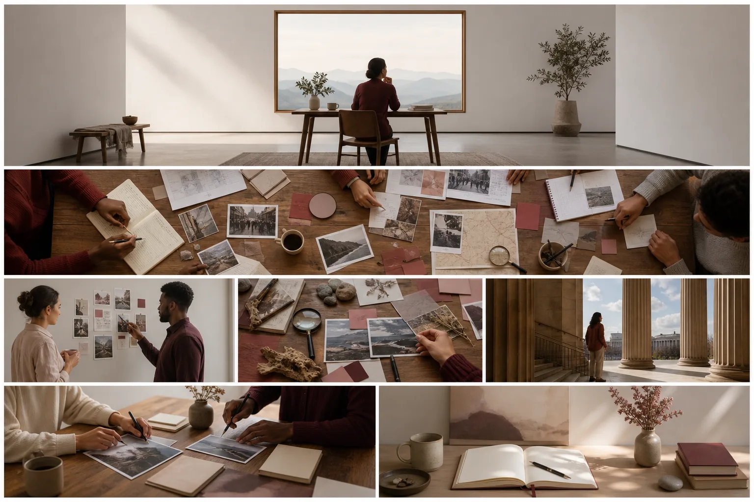 A thoughtful person reviewing notes in a quiet contemporary gallery-like workspace
